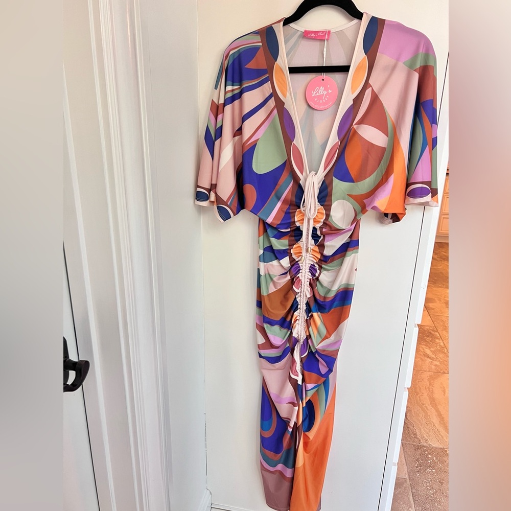Sexy Tropical Abstract Midi Dress Ruched 🔥 - Picture 6 of 7